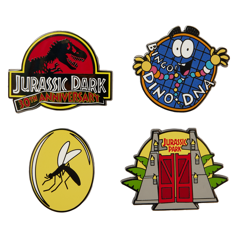 4-piece pin set with a Jurassic Park theme, including the Jurassic Park gate, a fossilized mosquito, Mr. DNA, and the Jurassic Park 30th Anniversary logo